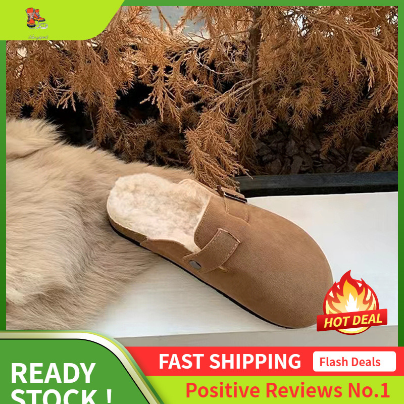 Ddmysports Grape Mom S Same Style Baotou Genuine Leather Boken Shoes With Plush Lazy Kick Thick Soled Hairy Slippers OUTDOOR