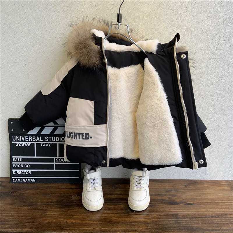 Winter boys coat 2024 new baby Fur collar hooded cotton plus velvet thicken warm jacket for children parka 2-8years kids clothesY240829