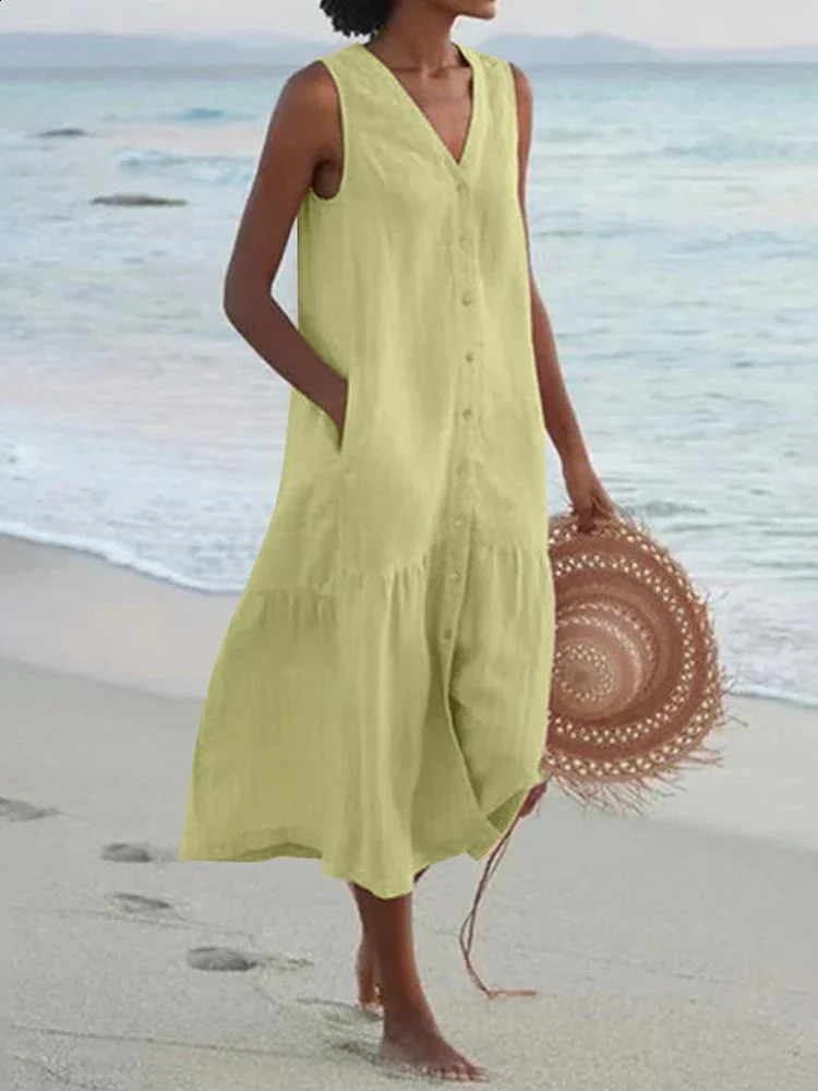 Summer Loose Casual Patchwork Cotton Linen Pocktes Dress V Neck Beach Style Dress Sleeveless Vintage Club Midi Solid Women Dress 240828