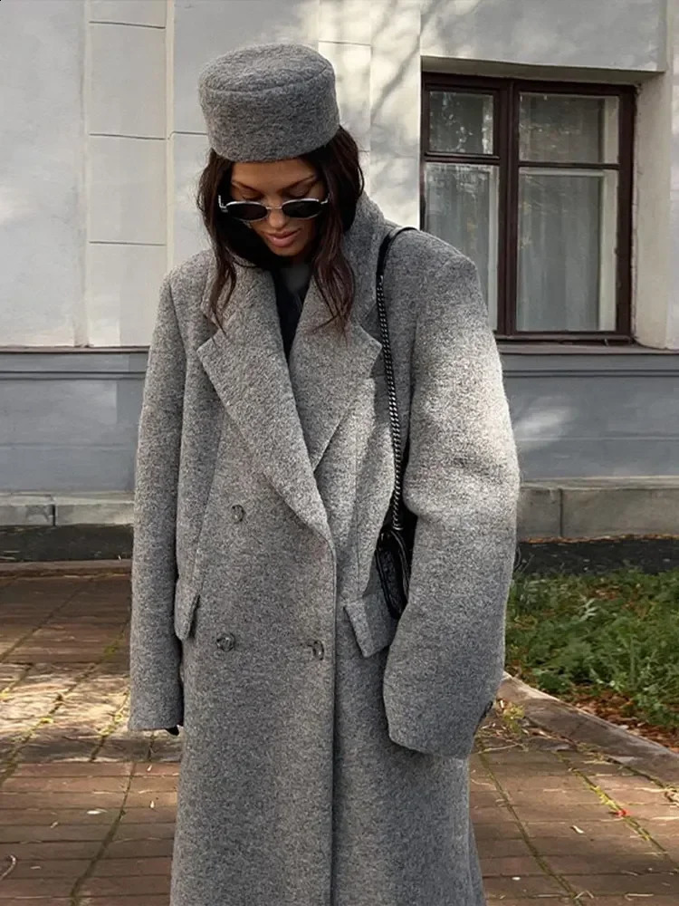 Elegant double-layer pocket long sleeved coat for womens gray back split collar wool coat womens street coat 240828