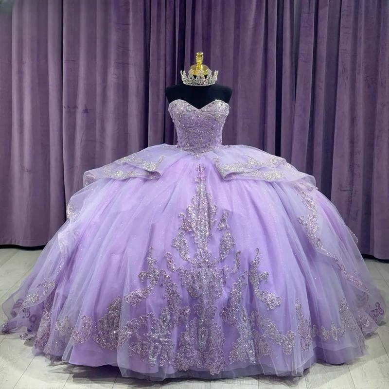 Lilac Sweetheart Ruffles Ball Gown Quinceanera Dresses Sequined Appliques Lace Beads Tull Corset Vestidos De 15 Anos Sweet 16 Dress