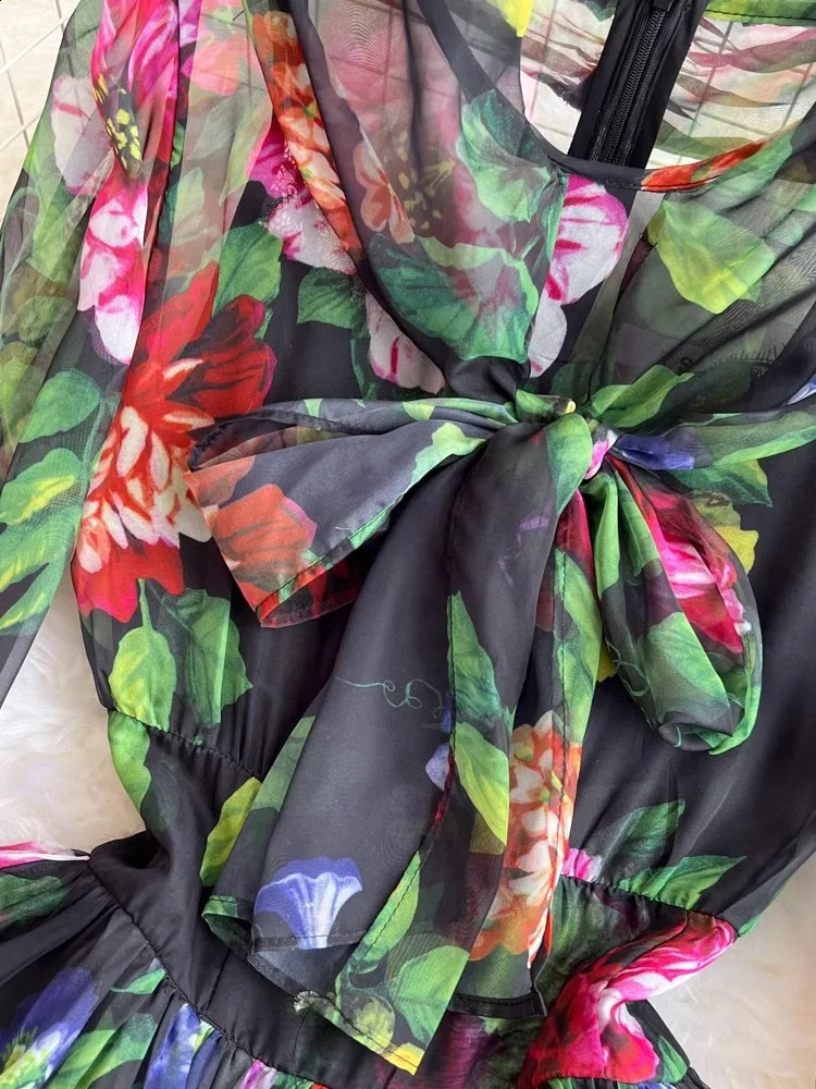 Autumn Holiday Gorgeous Flower Dress Womens Bow 13 Sleeve High Waist Printed Chiffon Long Vestidos 240828