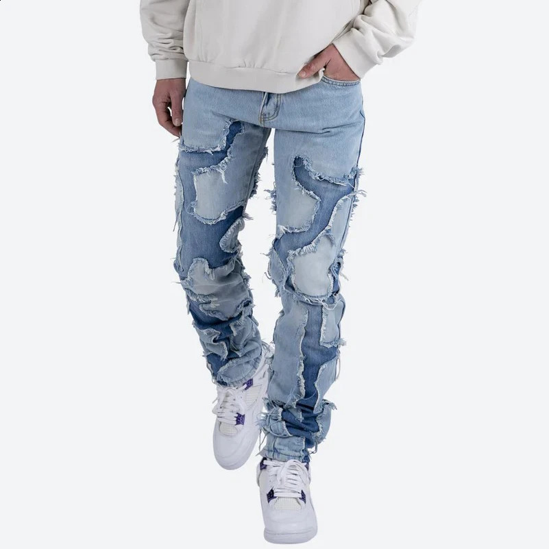 High Street Vibe Style Patchwork Frayed Jeans Pants for Men Retro Washed Hole Ripped Casual Loose Denim Trousers Oversized 240826Z
