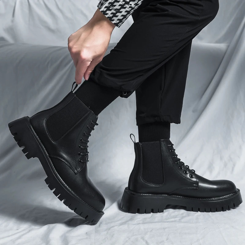 Boots Big Head Leather Autumn and Winter High Top Lacing Thick Sole Durable European Black Sizes 38-44 Men Shoes 240828