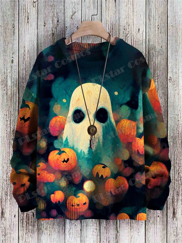Halloween Ghost and Jack-o-Lanton 3D Printed Mens Knitted Pullover Winter Neutral Casual Knitted Pullover Sweater ZZM139 240829