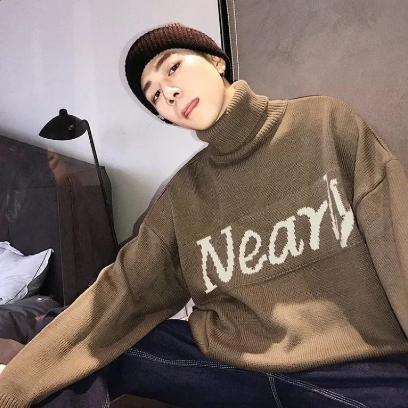 Mens clothing pull-out high neck graphic knitted sweater mens black hooded sweatshirt turtle neck Maltry trend street sales cigars 240829