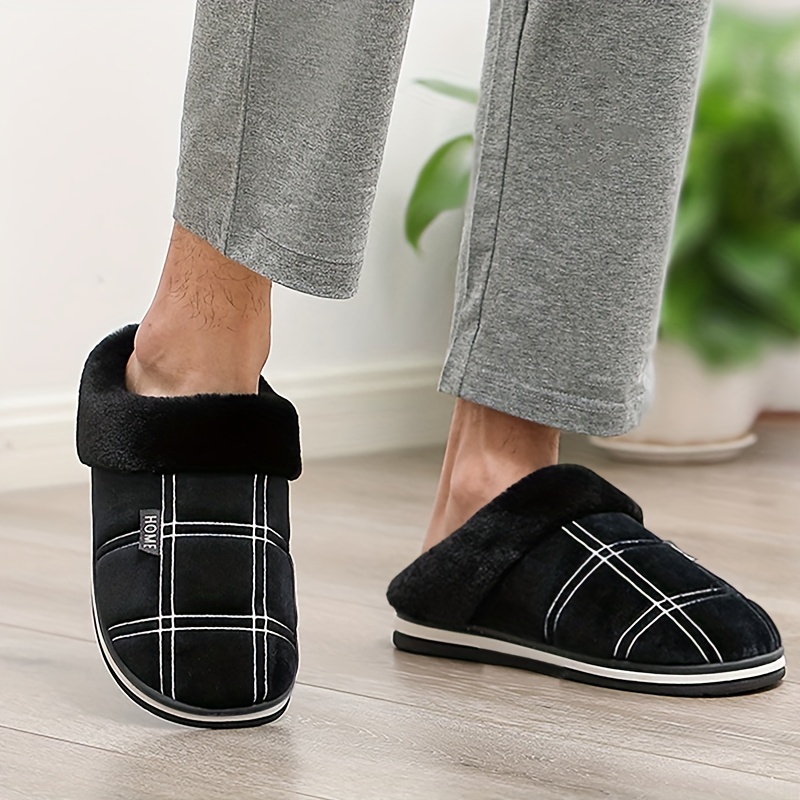 Cozy Plaid Slippers Men - Soft Fuzzy Fabric, Non-Slip TPR Sole, Round Toe, Slip-On Design, Comfortable for Indoor Winter Wear, Bedroom, England-Inspir