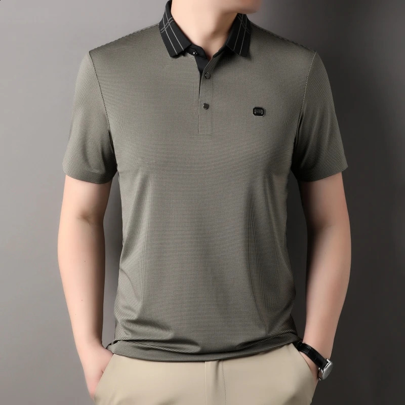 High end short sleeved POLO shirt mens summer fashionable plaid print top ice silk breathable casual T-shirt 240828