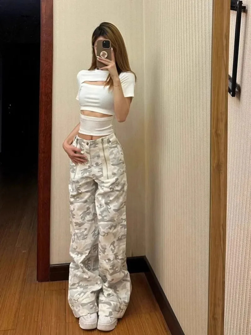 American Retro Camouflage Cargo Pants Y2k EGirl High Waist Straight Jeans Sumemr Loose Wide Legs 240829