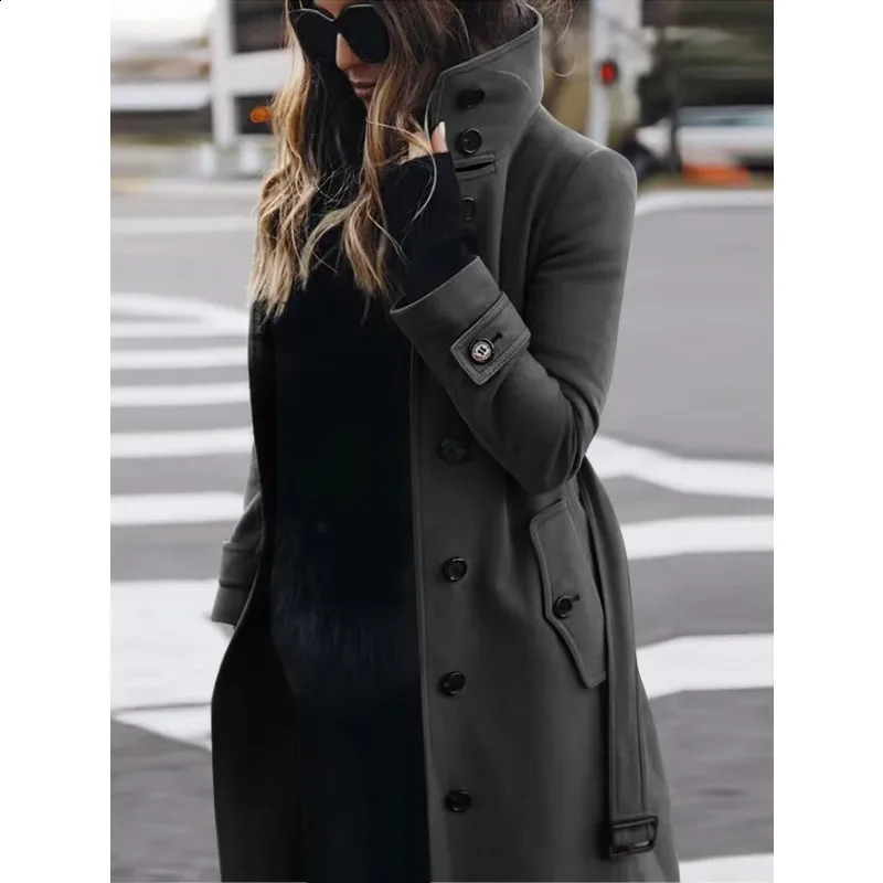 Autumn and winter wool coat womens slim fit open top large coat womens long sleeved single chest standing collar wool coat 240828