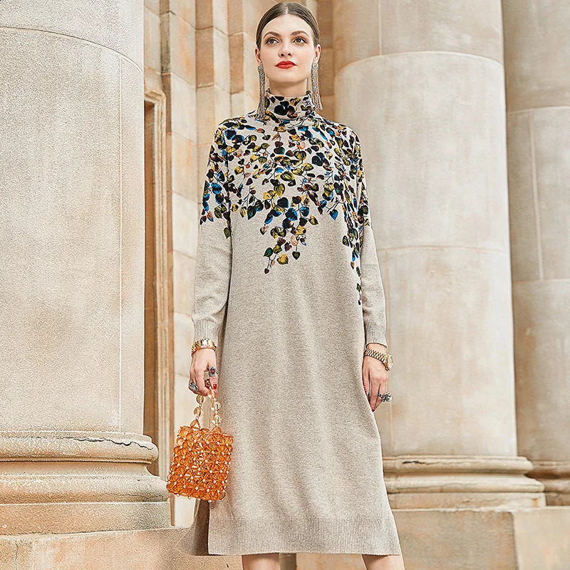 AIMEILI Autumn Retro Casual Printed Loose Dress Winter High Neck Long Sleeve Womens Elegant Tight Party Vestido 240828