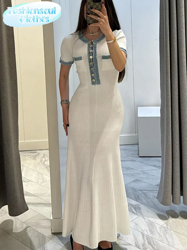 Contrast Denim Patchwork Knitted Long Dress Women Fashion Short Sleeve Buttons Bodycon Maxi Dresses Lady Pockets A Line Robes 240828