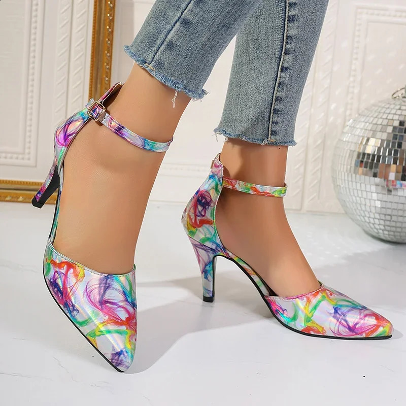 Womens shoes fashion ankle strap womens pump spring point toe light mixed color button dress slim high heels or thin high heels 240827