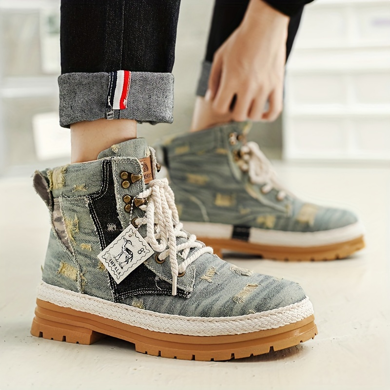 Mens Ripped Lace-Up Denim Fabric Ankle Boots Fashionable Walking Shoes, Breathable and Comfortable - Lightweight, Breathable, Suitable for Daily Wear