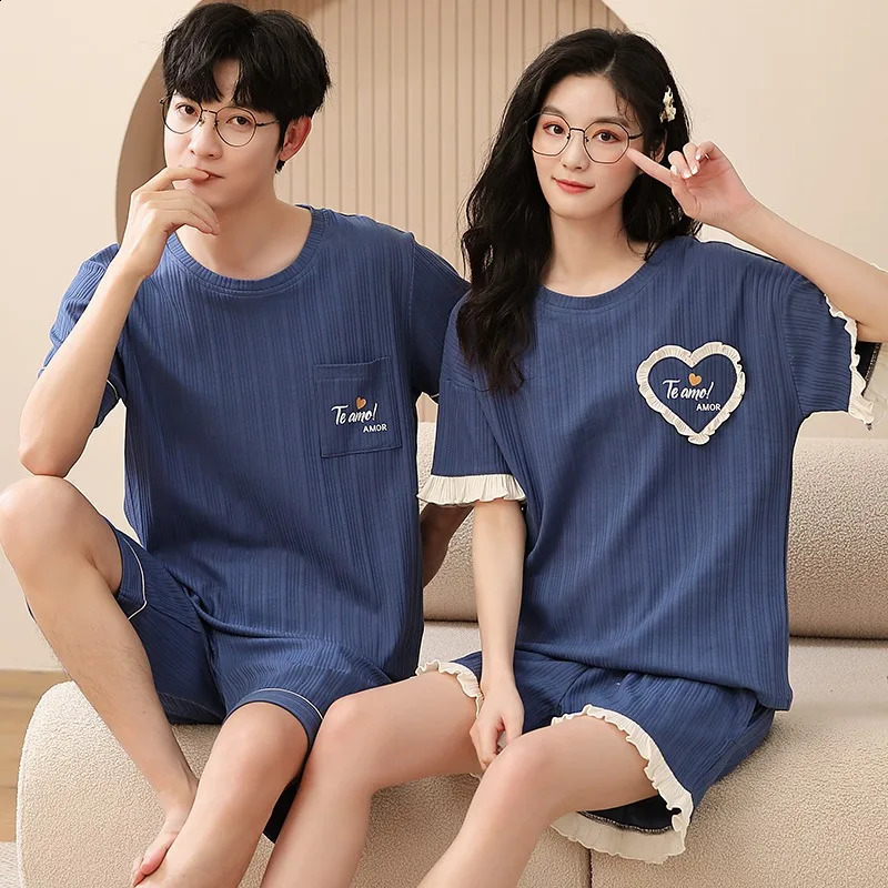 Cotton Couples Pajamas Set For Men Women Summer Short Sleeves Sleep Top Shorts Homewear Female Male Night Clothing hombre 240828