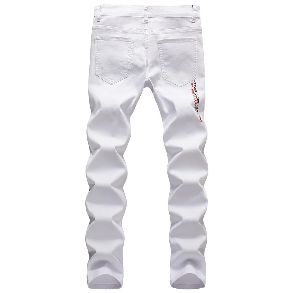 Mens letter embroidered printed jeans streetwear ultra-thin straight stretch jeans black and white holes ripped Trouser 240829