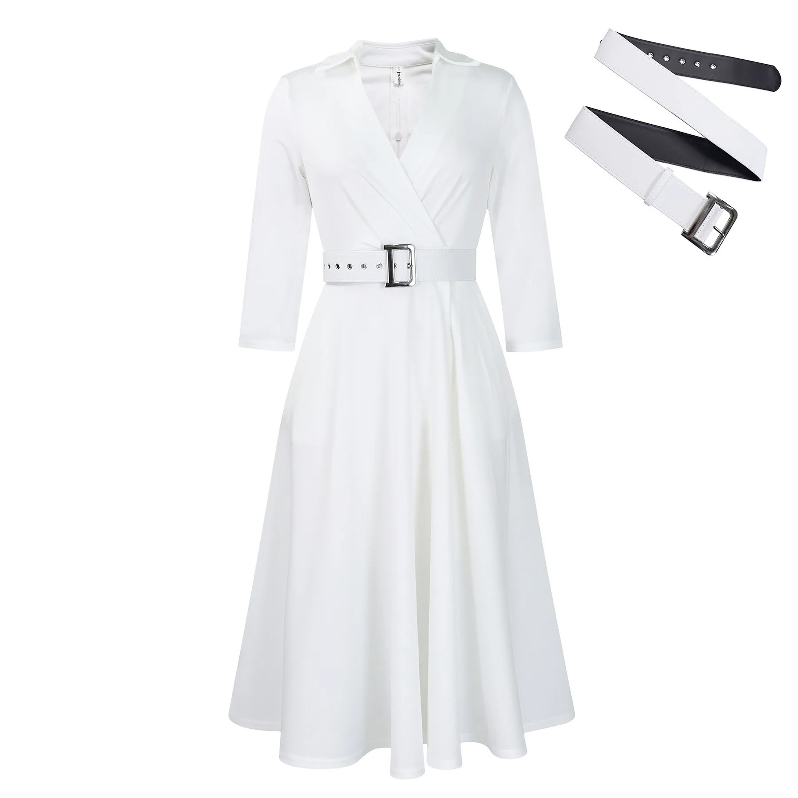 Womens Spring Fashion Collar Solid Color High Waist Elegant Large Size Dress 240828