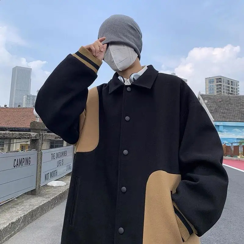 Winter contrasting color lapel jacket mens velvet thick versatile loose large-sized casual wool coat k clothing 240829