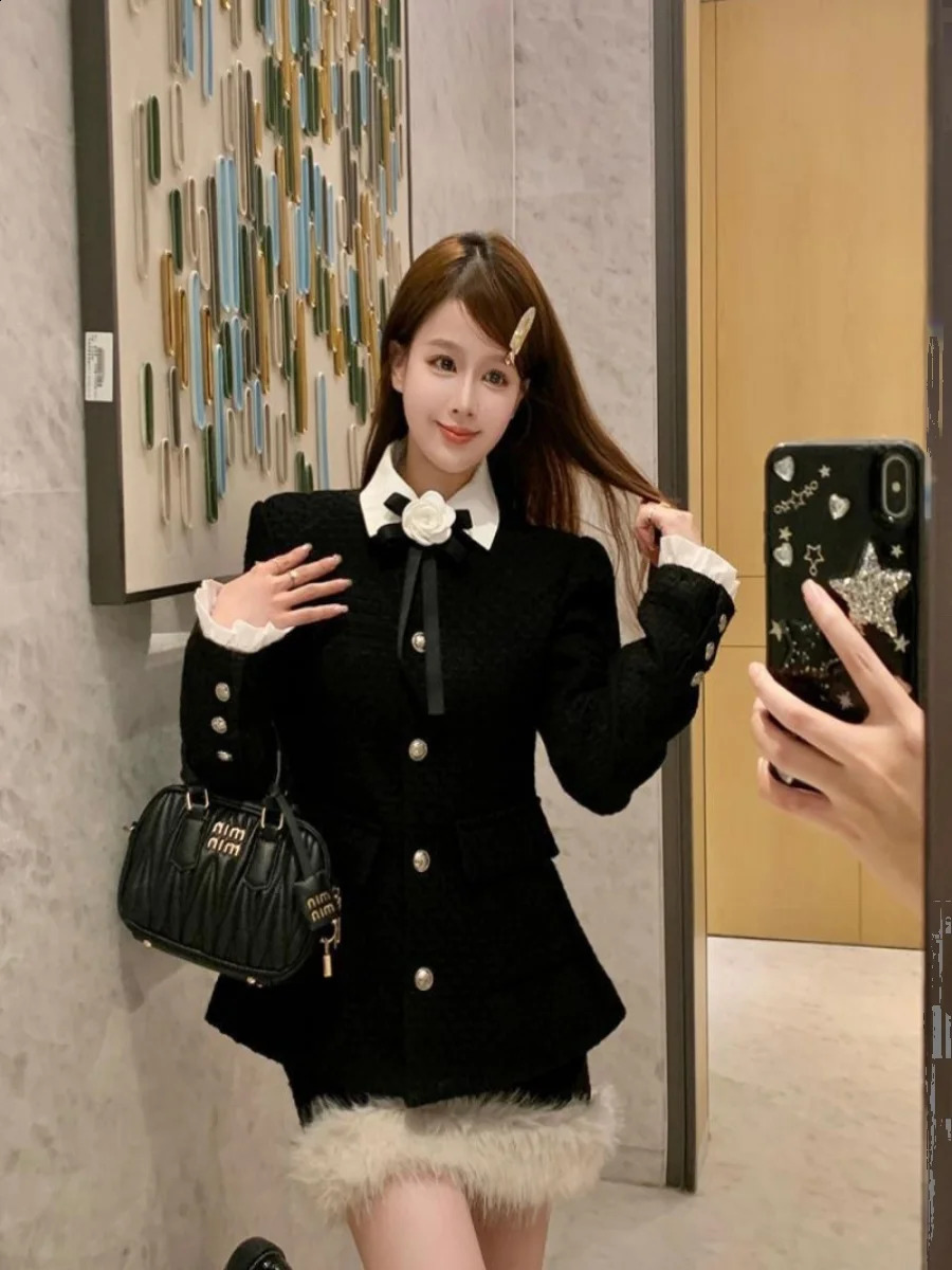 UNXX coarse woolen fur collar coat rich heiress set womens office ladies autumn and winter pencil skirt twopiece short sleeved dress 240828