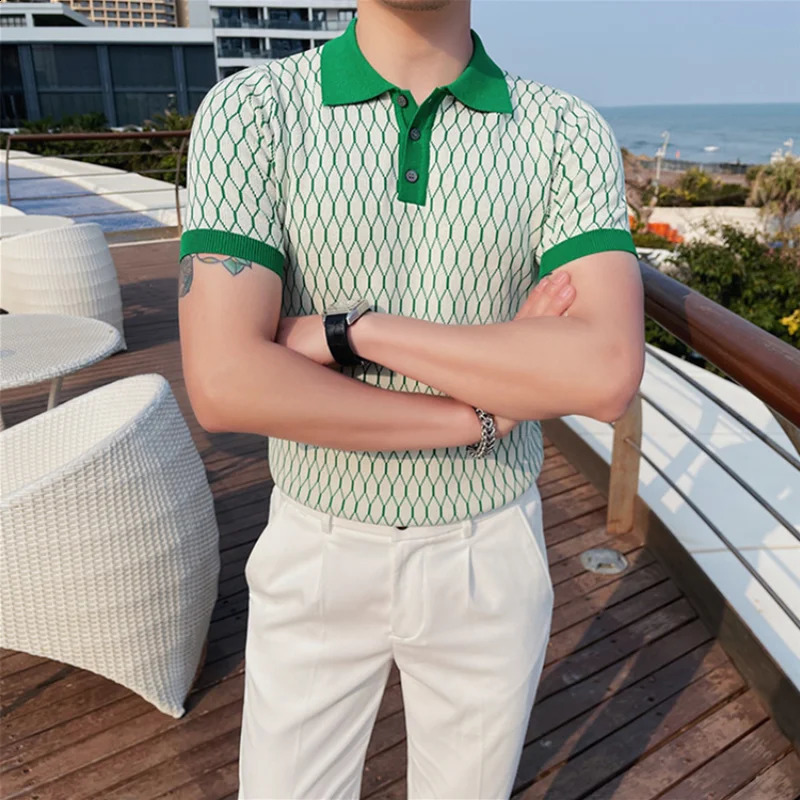 Summer Diamond Plaid Knitted Polo Shirt Mens Ice Silk Short Sleeve Slim Fit Lapel T-shirt Streetwear Plus Size 4XL-M 240828