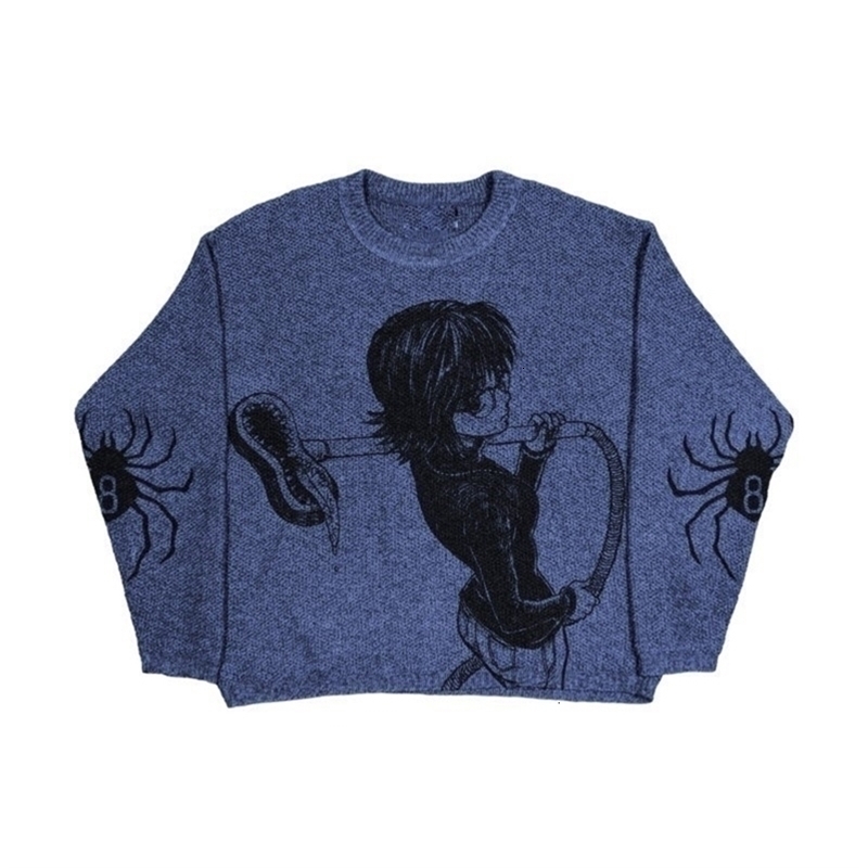 Japanese anime cartoon print loose O-neck pullover unisex Vintage casual long-sleeved sweater autumn winter warm basic sweater 240828