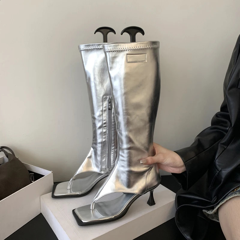Eilyken Silver Open Toe Clip on Knee High Boots Modern Womens Boots Thin High Heels Side Zipper Spring Party Pump Sandals 240827
