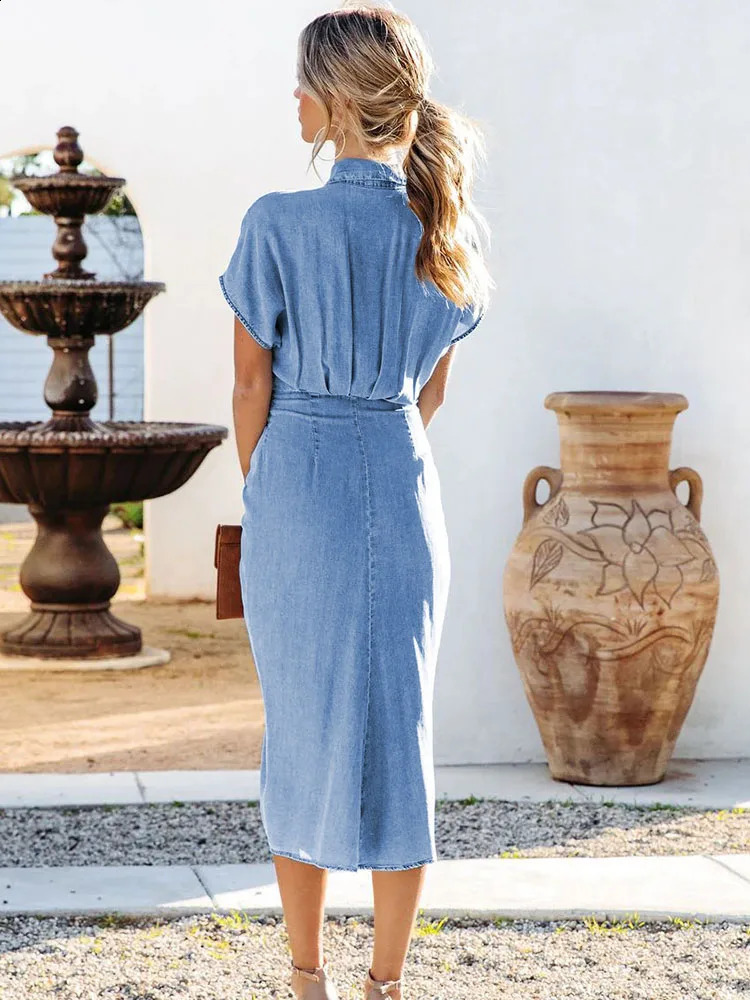 Summer For Womens Denim Blue Shirt Dress Vintage Fashion Button Lapel Wrinkle Lace Up Slim Elegant Female Denim Mid Long Dress 240828