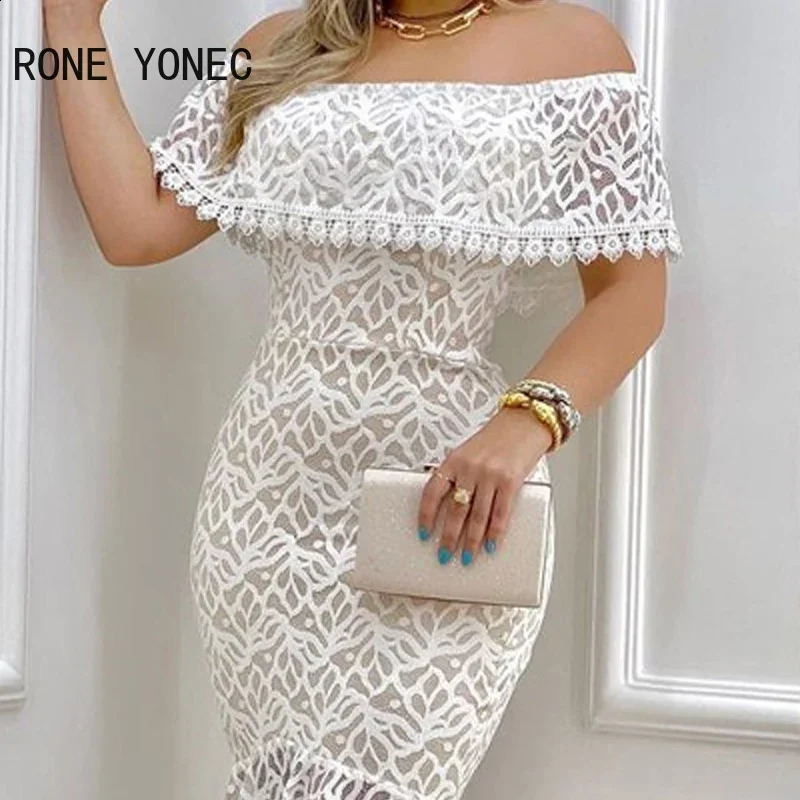 Women Solid Chic Off Shoulder Ruffle Hem Lace Hem Bodycon Sexy Formal Party Dress 240828