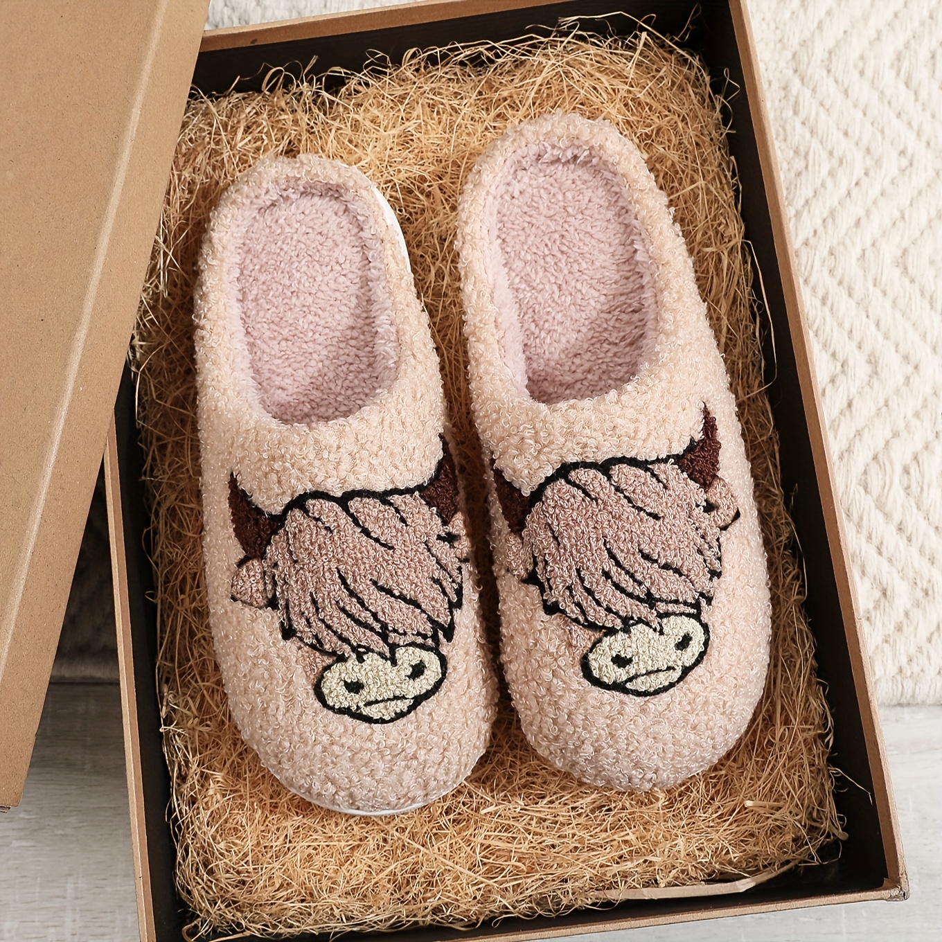 Cute Cartoon Cow Pattern Plush Lined Slip-On Slippers - Ultra Soft Fabric Upper, Comfortable Indoor Shoes with TPR Sole, Tribal Style Design - All-Sea