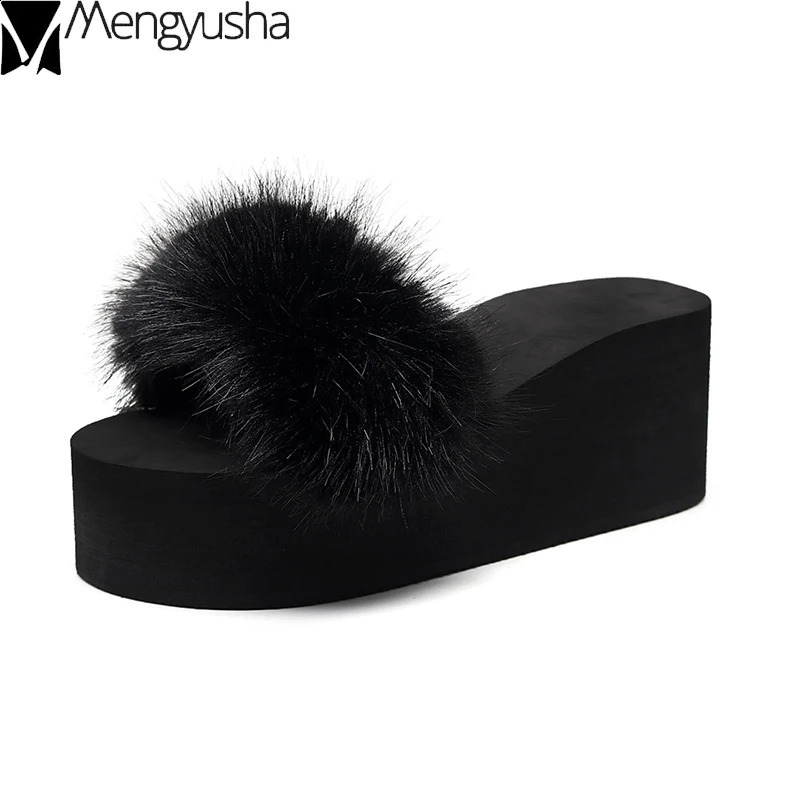 Korean real fox fur slider summer platform shoes wedge-shaped thick sole mixed color slider high heels for women flip casual shoes 240827