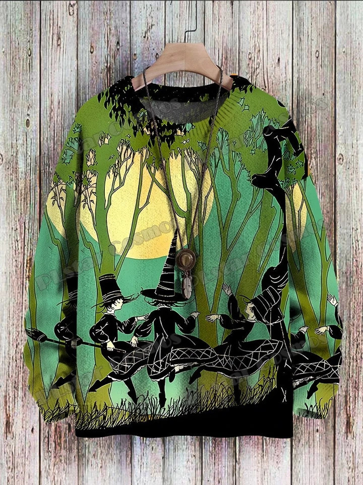 Halloween wizard crow retro art pattern 3D printing mens knitted floral winter unisex casual knitted floral sweater ZZM125 240829