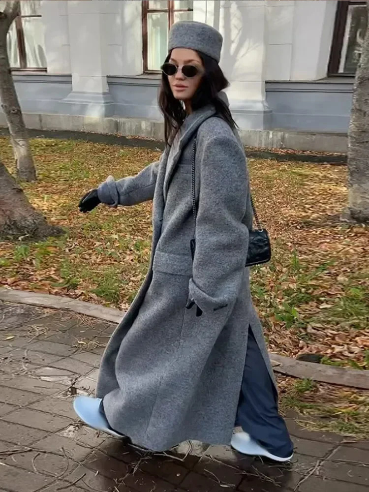 Elegant double-layer pocket long sleeved coat for womens gray back split collar wool coat womens street coat 240828