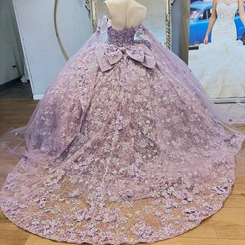 Lilac Off The Shoulder Sequined Crystal Lace Ball Gown Quinceanera Dresses 3D wers Ribbons Bow Corset Vestidos 15 De XV Anos