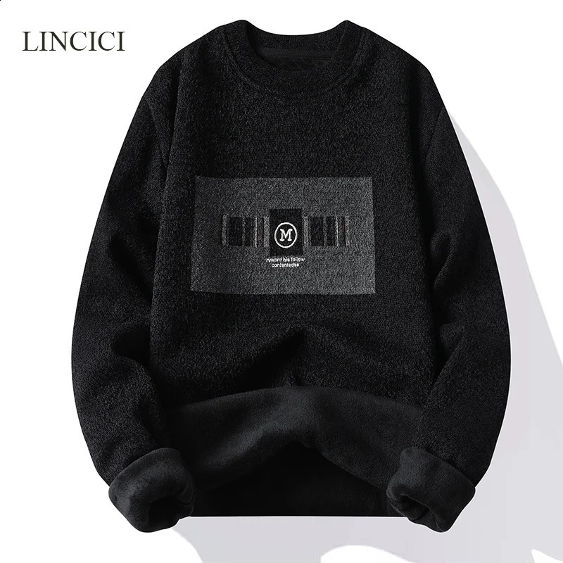 Mens autumn and winter sweater thick velvet and round neck warm knit sweater color with letters inlaid casual top 240829