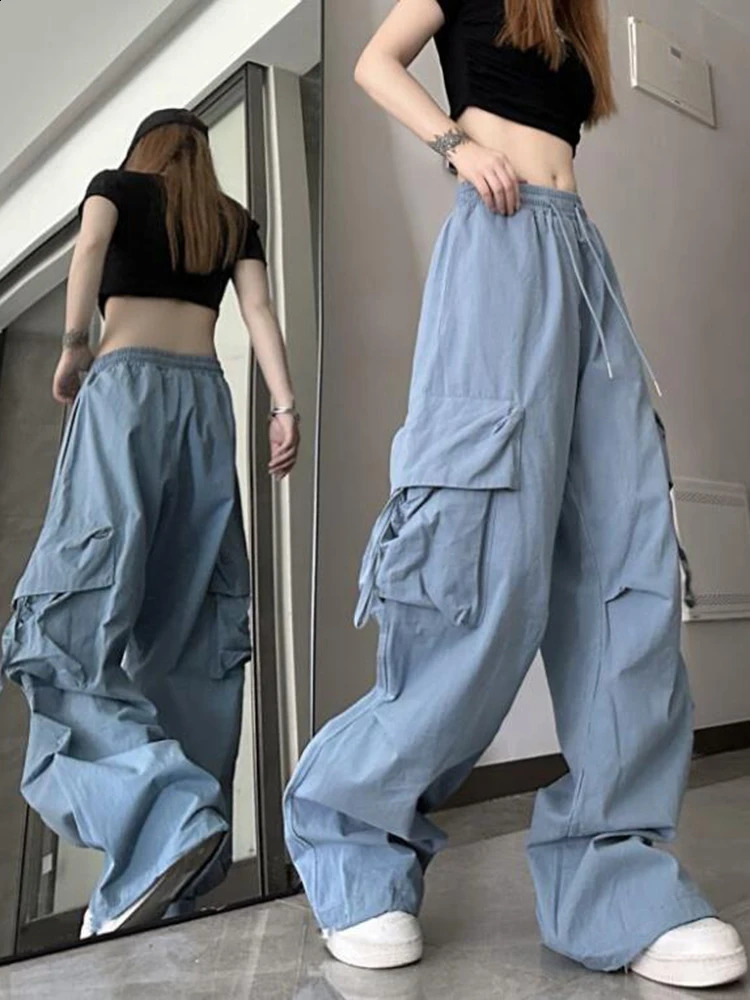 Zoki Hip Hop Y2K cargo pants womens streetwear Harajuku large pocket casual mens loose high waisted n solid 240827