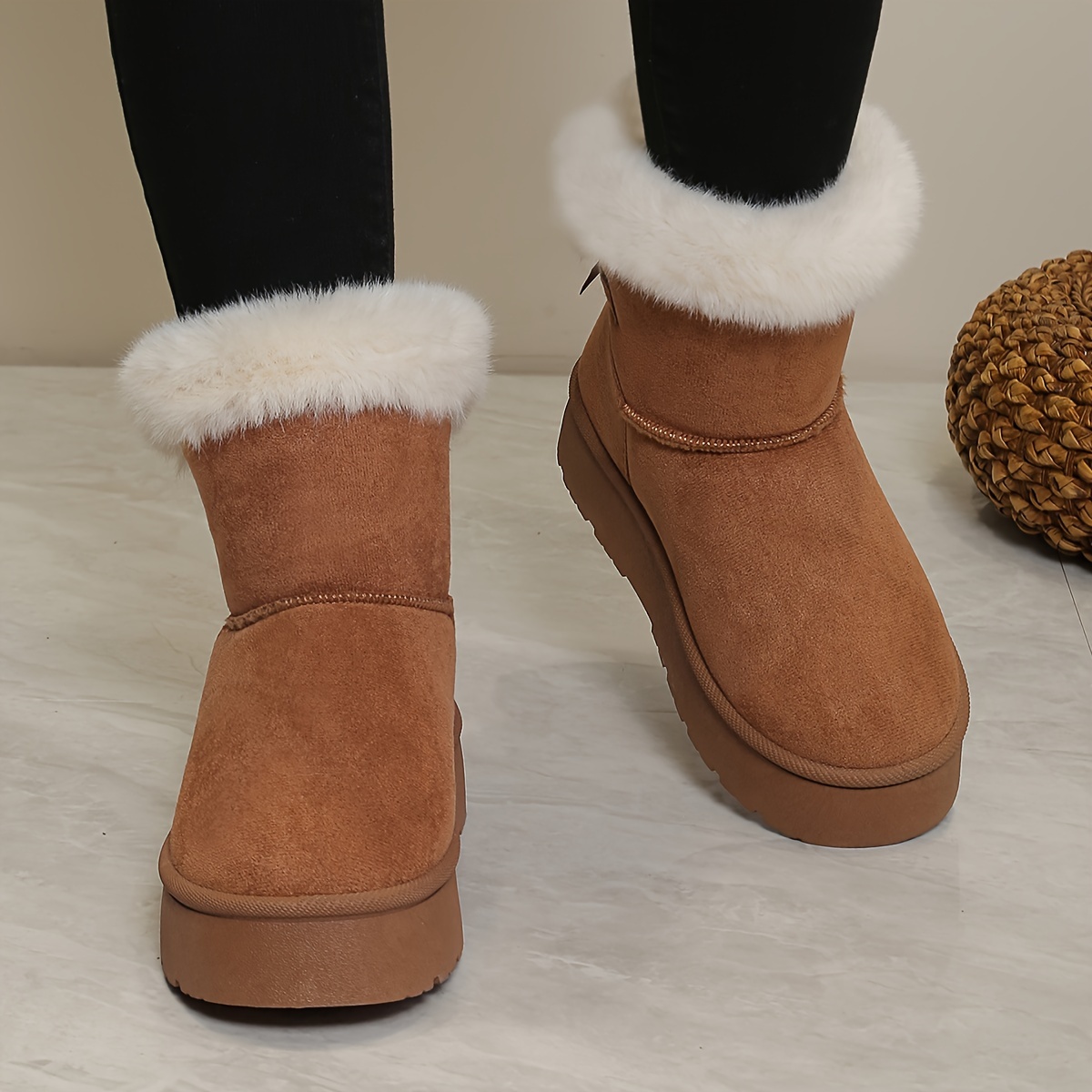 Comfortable Womens Solid Fluffy Bow Snow Boots - Slip-on soft thick sole design plush ing and non-slip traction to keep you warm stylish winter boot s