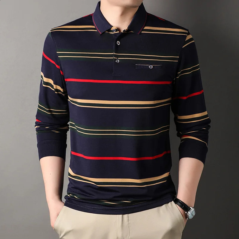Mens Spring and Autumn Long Sleeve Pocket Button Three way Flip Collar Pullover Polo Shirt Business Casual Loose Top 240828