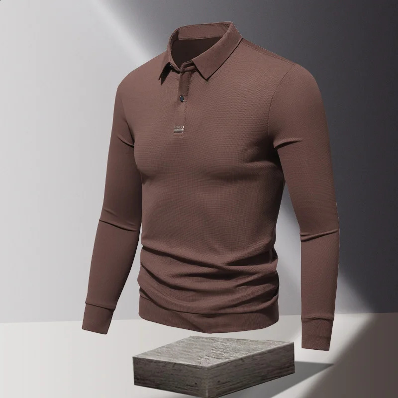 Business solid color floral letter lapel long sleeved polo Tshirt mens casual formal spring and autumn top 240828