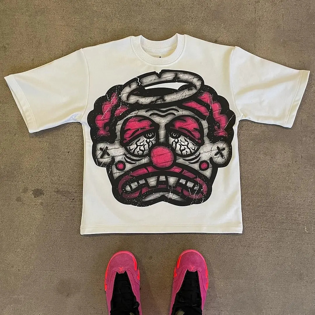 Streetwear T Shirt Hip Hop Cartoon Clown Graphic Print Oversized Mens and Womens Retro Crew Neck Cotton Short Sleeve Top 240829