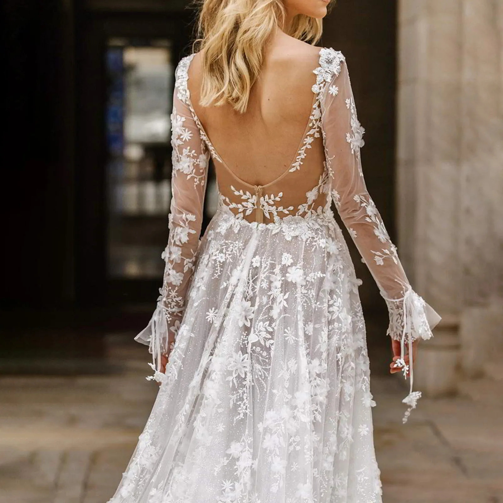 Elegant High Waist Wedding Dress Womens Clothing Pure White Long Sleeve Solid Color Printed Ball 240828