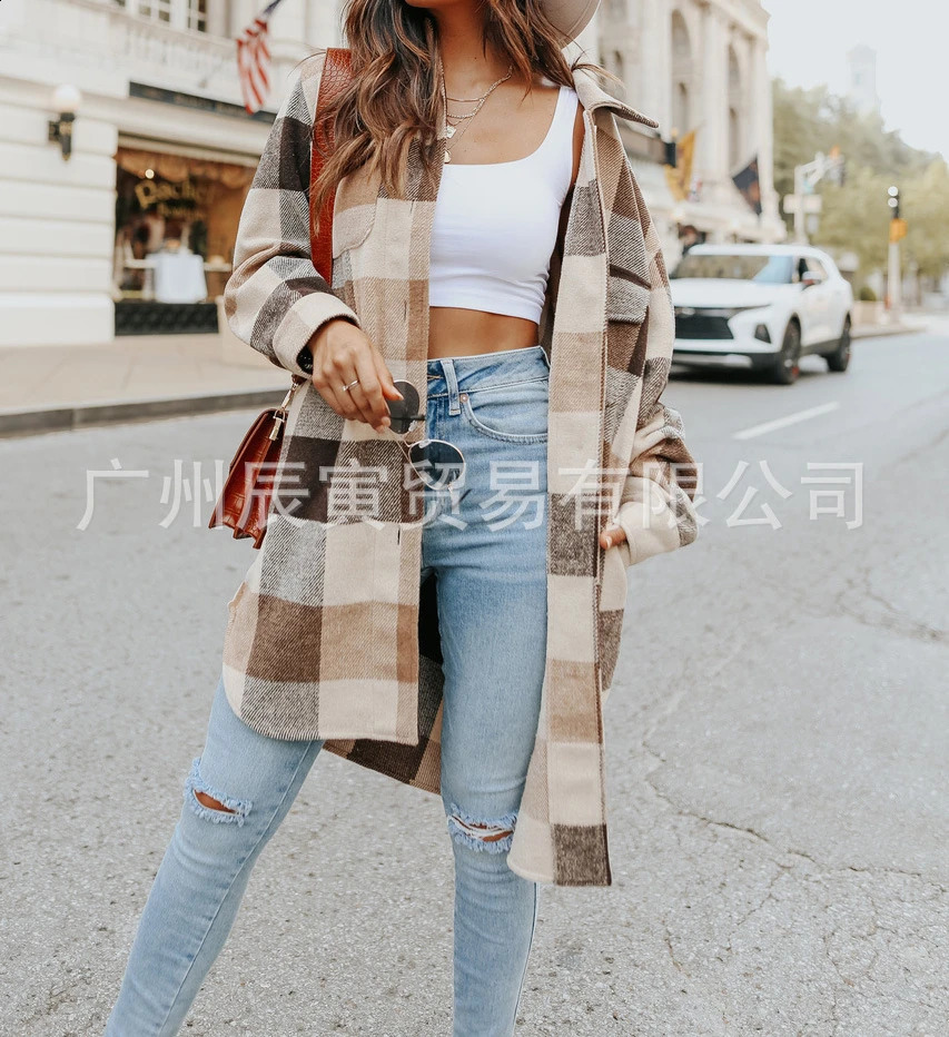 Plain weave jacket womens wool long coat autumn blend classic Tatar Y2k jacket with pockets Y2k Maxi windproof jacket 240828