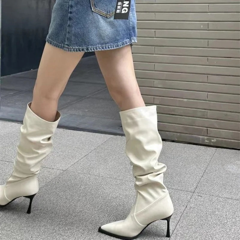 Womens Pointy pleated boots high heels black womens knee high heels womens autumn fashion slim high heels womens Pointy rubber boots 240827
