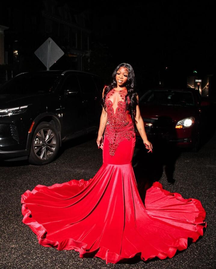 Red Luxury Mermaid Prom Gala Dresses for Black Girl Sparkly Diamond Crystal Tassel Long Evening Reception Party Gown Outfit