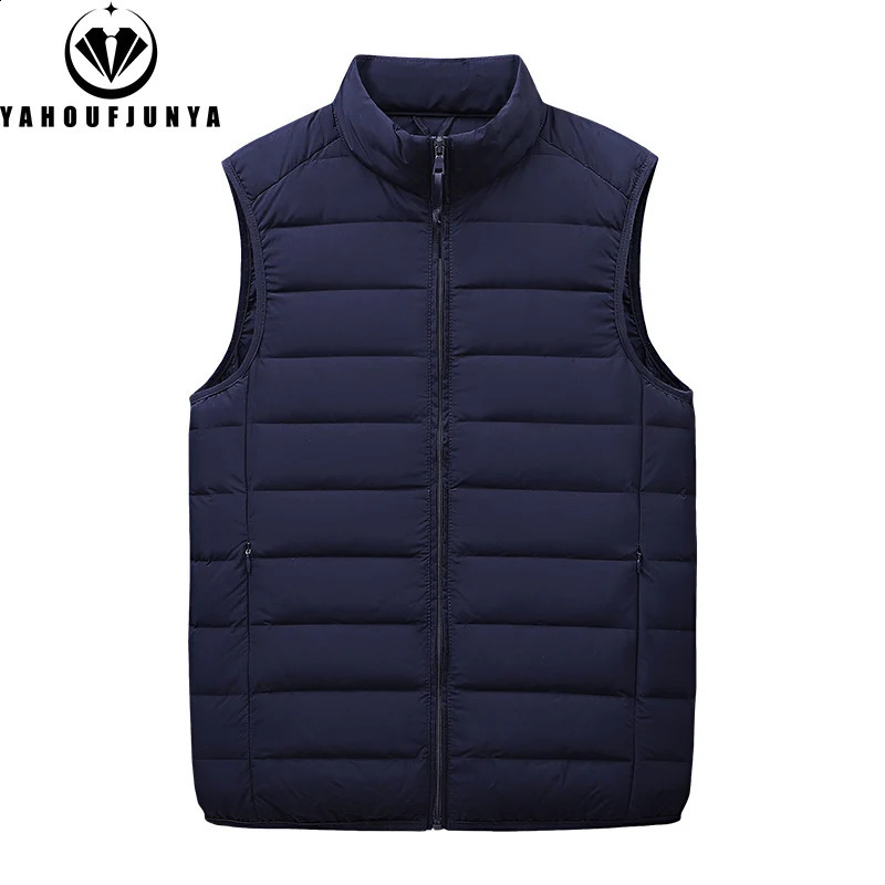 Autumn mens wool warm solid light standing collar down vest winter sleeveless outdoor leisure windproof zipper coat 240828