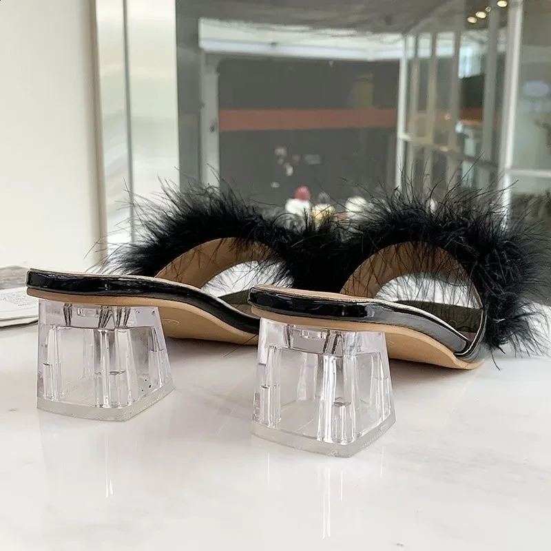 Summer Fluffy Leather Toes Sexy High Heels Womens Fur Womens Fashion Wedding Pink Slider 240827