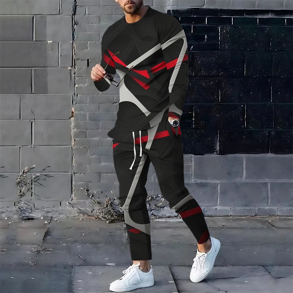 Spring And Autumn Mens Tracksuit Graffiti Set Fashion Oversized Long Sleeve T-shirtsLong Sweatpants Casual Streetwear Clothing 240828