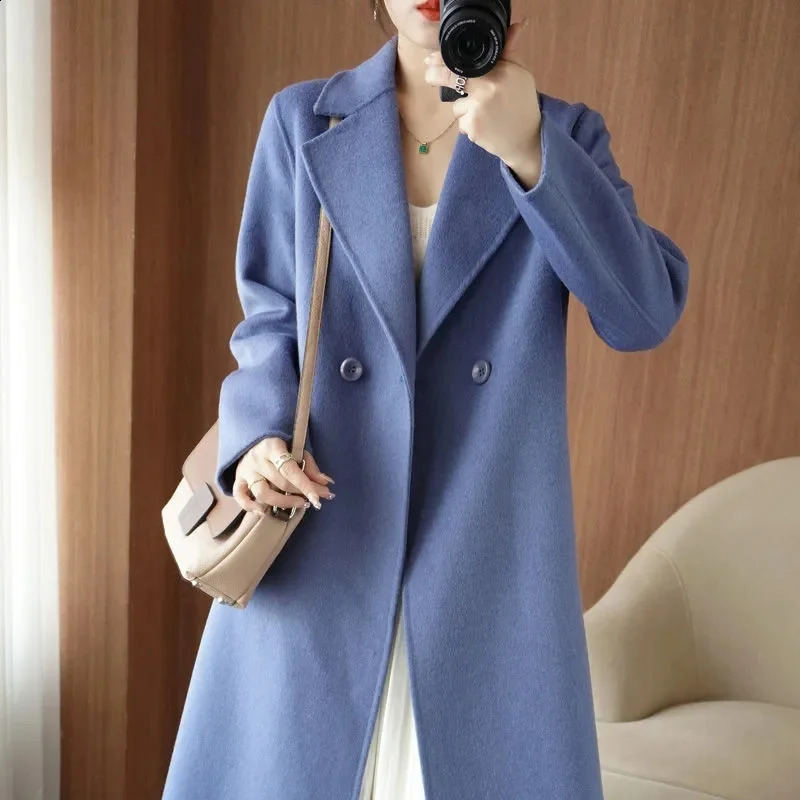 Long sleeved double-sided cashmere womens jacket spring and autumn wool blend womens jacket medium and long wool womens jacket 240828