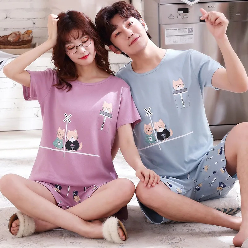 Cotton Couples Pajamas Set For Men Women Summer Short Sleeves Sleep Top Shorts Homewear Female Male Night Clothing hombre 240828