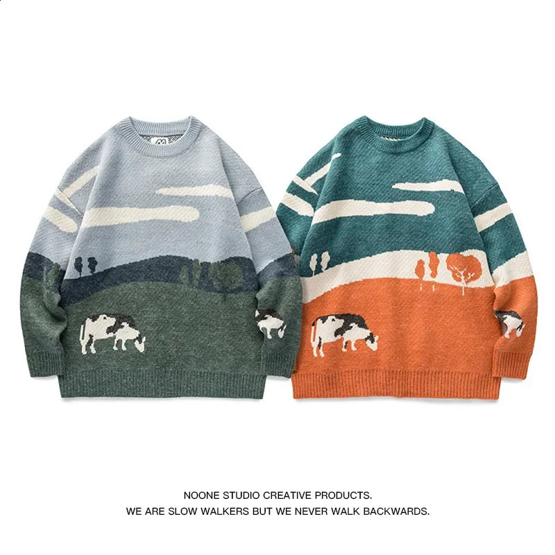 Autumn and winter mens interesting cow fresh sweater knitted and pulled round neck knitted sweater warm mens slim fit casual sweater 240829
