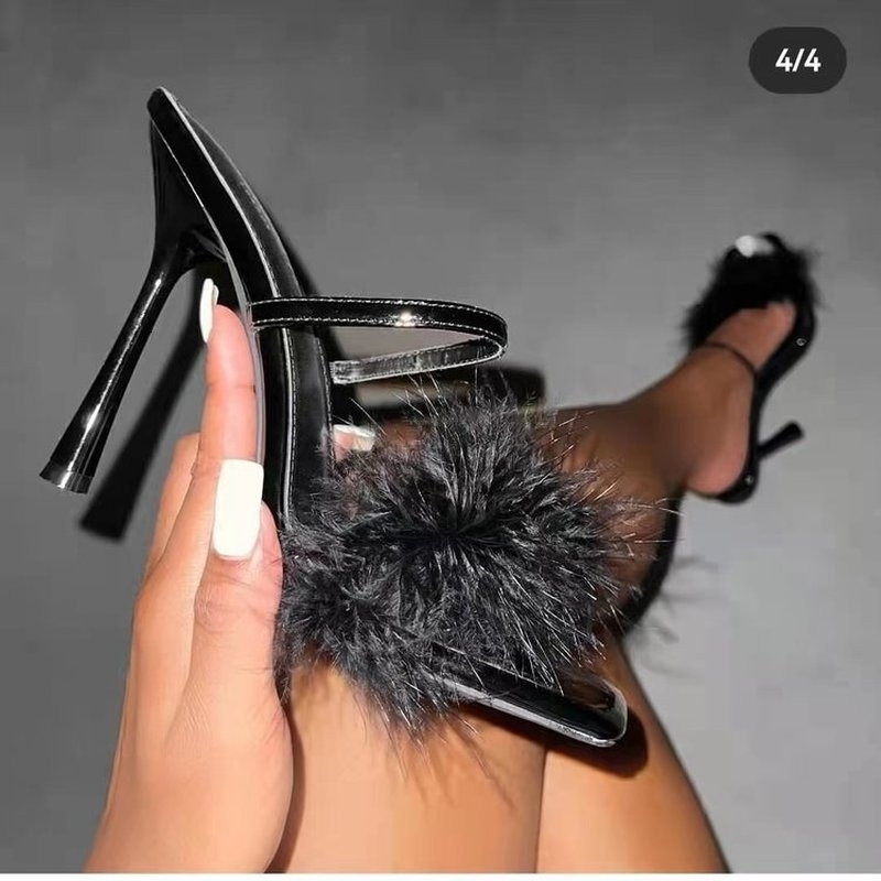 Summer Fluffy Leather Toe Sexy High Heels Womens Shoes Fur Feather Womens Fashion Wedding Slippery Pink Square Toe Womens Sandals 240827 ww